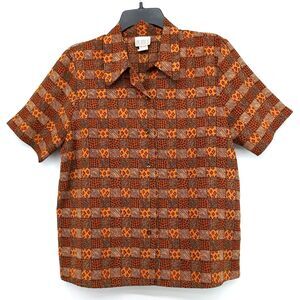Just for Petites Shirt Women Size 12P Orange Plaid Short Sleeve Button Up Blouse